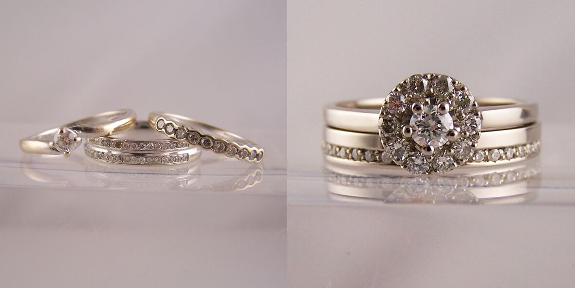 3 diamond rings remodelled into a diamond cluster & off-set band 2 ring set